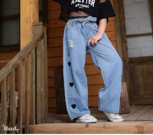 شلوار جین اسپرت دخترانه بگ قلب مشکی-150538