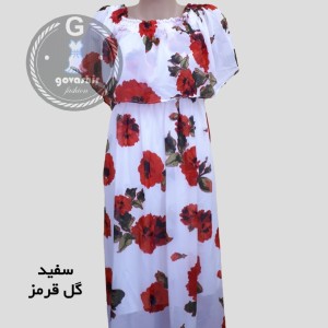 پیراهن ساحلی حریر یقه قایقی آسترداررنگ زمینه سفید با گلهای قرمز درشت