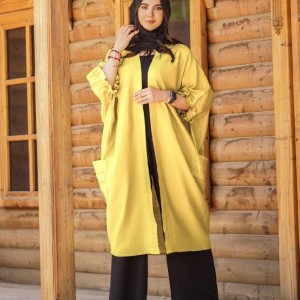 مانتو زنانه نخی مدل فالکو عبایی رنگ زرد